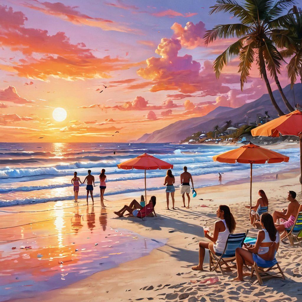 A serene beach scene with gently crashing waves and a group of friends joyfully playing volleyball, surrounded by vibrant beach umbrellas and colorful tropical drinks. In the background, a stunning sunset paints the sky in hues of orange and pink, reflecting off the water, creating a warm and uplifting atmosphere. super-realistic. vibrant colors. white background.