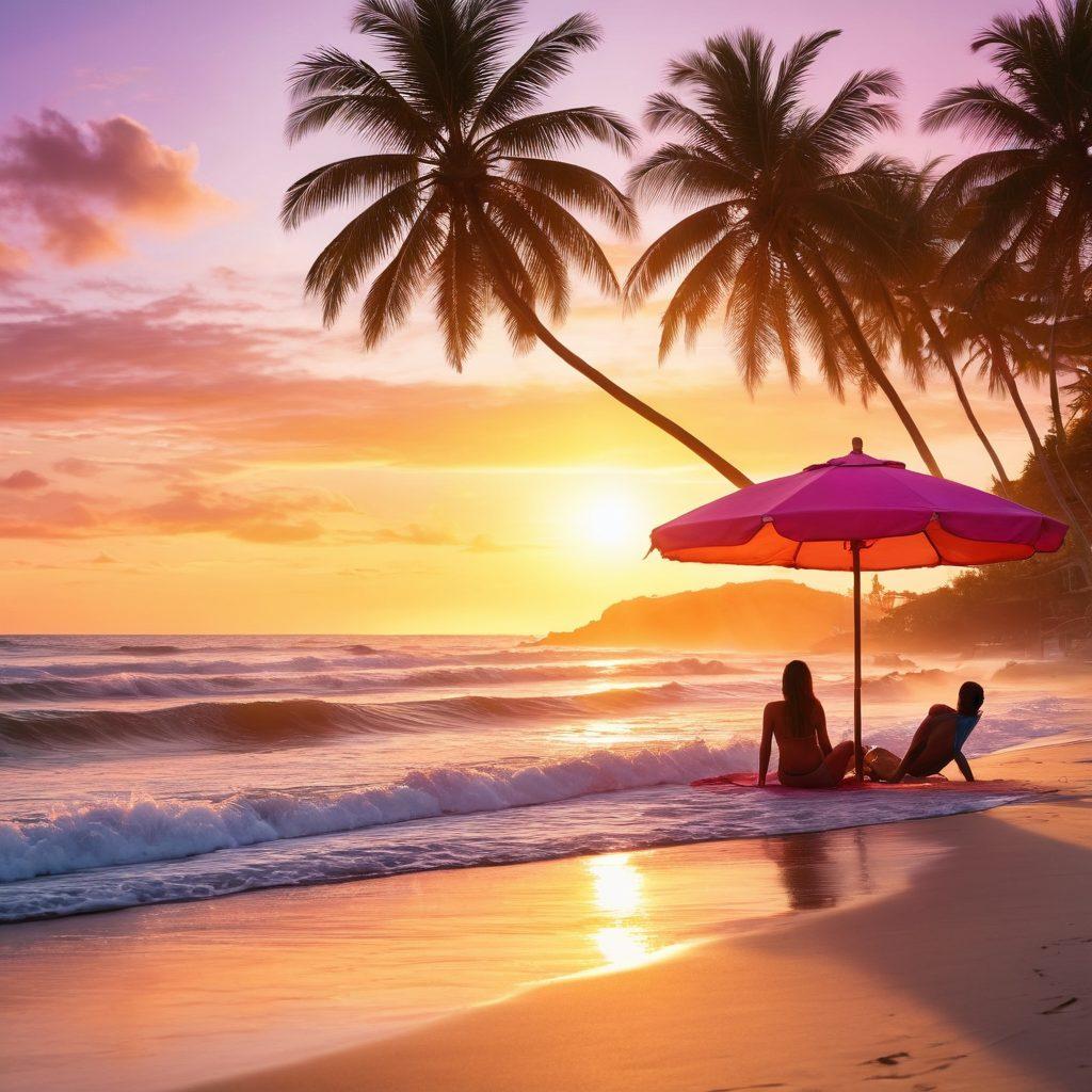 A serene beach scene at sunrise, with vibrant hues of orange and pink reflecting on gentle waves. Add joyful families building sandcastles, friends laughing while playing beach volleyball, and surfers riding the waves in the background. Include palm trees swaying in the wind and a colorful beach umbrella. The atmosphere should feel carefree and blissful. super-realistic. vibrant colors. soft focus.
