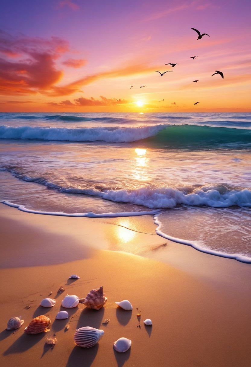 A serene beach scene at sunset, featuring a variety of vibrant seashells scattered across the golden sand, with gentle waves reflecting the warm hues of the sunset. In the background, playful dolphins leap out of the azure water, while seagulls soar above. The sky is painted with hues of orange, pink, and purple, creating a dreamy atmosphere. super-realistic. vibrant colors. silhouette style.